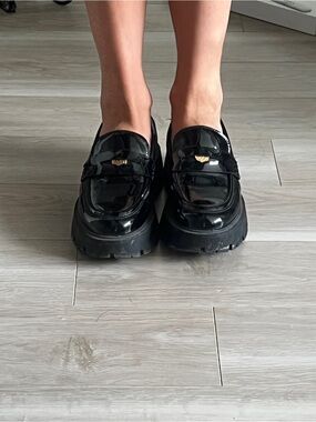 Zara Black Patent Platform Loafers with Gold Detail